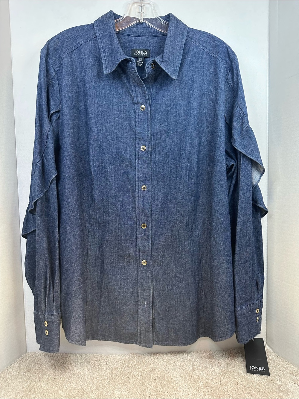 Jones New York Denim-Look Button-Down Shirt in Dark Blue